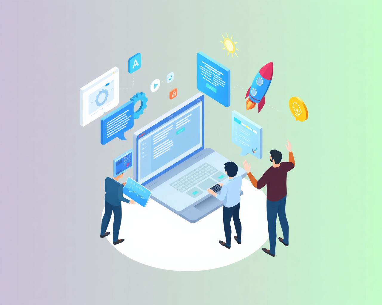 Team building a modern website with floating UI panels